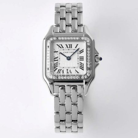 PanthèRe De Cartier Medium Square Dial Diamond Steel Strap Watch Silver