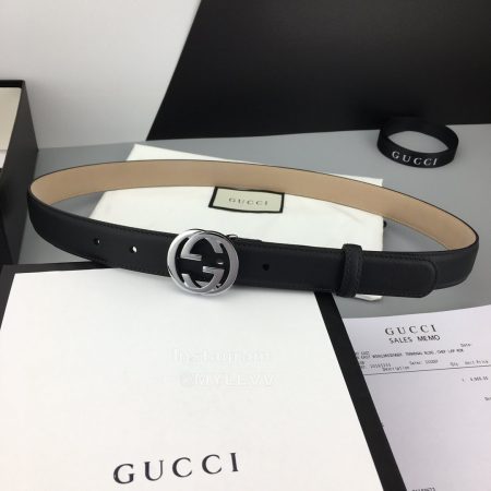 Gucci Fashion Black Calf Silver Gg Buckle 25mm Belts