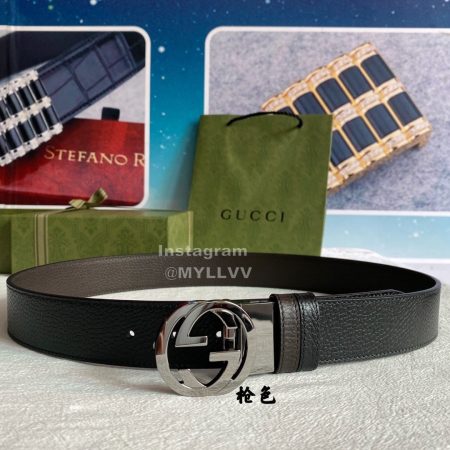 Gucci Litchi Grain Cowhide Rotating Metal Gun Color Gg Buckle 37mm Belt