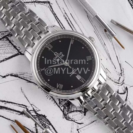 Omega Roman Numeral Dial Steel Strap Watch Black