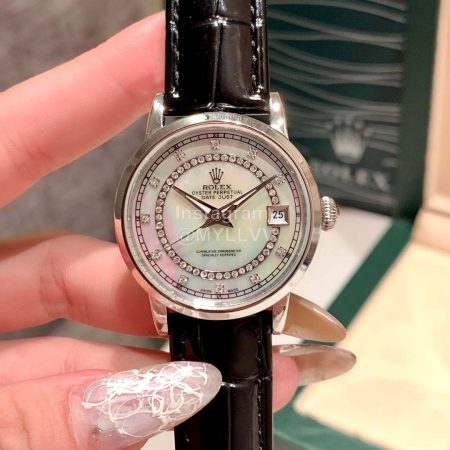 Rolex Leather Strap 35mm Dial Diamond Watch